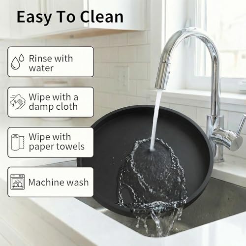 Round Black Silicone Decorative Bathroom Vanity Tray 9 Inch, Counter Tray for Bathroom Countertop Perfume Holder Dresser Organizer Coffee Table Candle, Non-Slip Durable for Home Use - color: Black, size: 9.1"