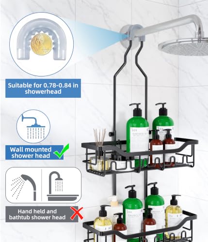 Adjustable Shower Caddy Hanging, Extended Length Organizer Over Shower Head, 3 Tier Long Neck Shower Rack with Soap Holder for Large Storage, Black - color: Black - 3 Tier - Standard
