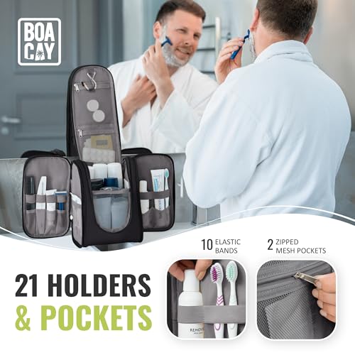 BOACAY Hanging Travel Toiletry Bag for Women and Men, Makeup Bag, Bathroom & Shower Organizer Kit for Accessories, Cosmetics, Travel Essentials - color: (M) Sapphire Black - Gray Interior