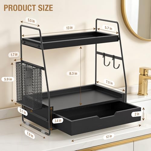 2-Tier Bathroom Counter Organizer with Drawer and Removable Basket, Wood Vanity Countertop Storage for Perfume, Makeup, Skincare, Bathroom Counter Shelf, 13" x 7.9" x 14.5", Black - color: Black
