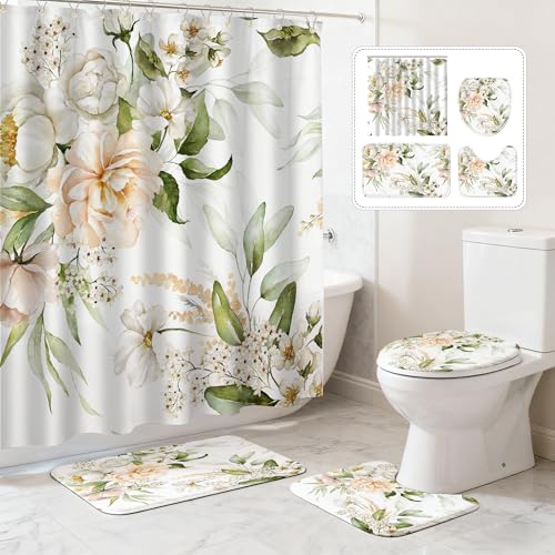 16 pcs Premium Floral Bathroom Set with Rugs and Shower Curtains,Flower high Absorbent Non-Slip Bath Mat and Shower Curtain Sets,Heavy-Weight 120gsm Bathroom Curtain with 12pcs Metal Hooks - color: Flower a