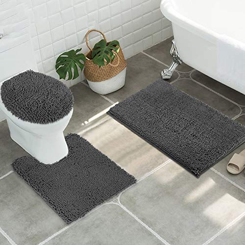 ITSOFT Standard 3pc Non-Slip Shaggy Chenille Bathroom Mat Set, Includes 24"x21" U-Shaped Contour Toilet Rug, 34"x21" Bathmat and 1 Toilet Lid Cover, Charcoal Gray - color: Charcoal Gray, size: 24''x21’’, 34’’x21’’ and TLC (Set)