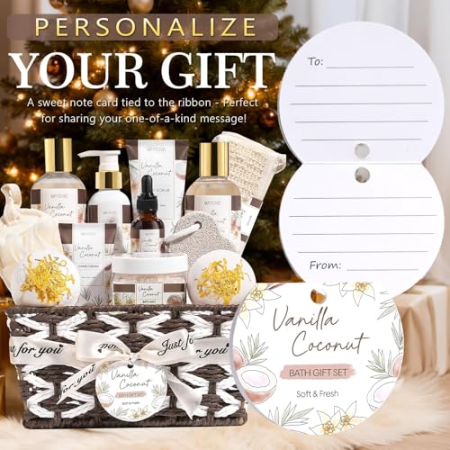 Mothers Day Birthday Gifts for Women, Vanilla Coconut Relaxing Spa Gift Baskets for Women Self Care Package Bath Gift Set, Home Bath and Body Kit Pampering Gifts for Womens Her Mom Friends Sister Wife - color: Brown-Vanilla Coconut