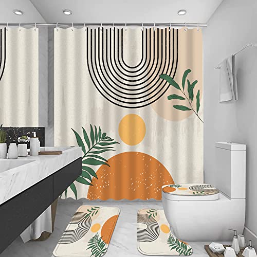 LQCOOL Mid Century Shower Curtain Set Boho Shower Curtain Set with Rugs,Abstract Bathroom Decor Accessories Waterproof Shower Curtain for Bathroom with Mat Retro Orange - color: Beige
