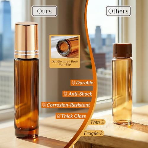 PrettyCare 4 Pack Amber Glass Oil Roller Bottles for Essential Oils 10ml, Roll On Bottles with Stainless Steel Roller Ball Leak-Proof Perfume Travel Refillable Bottle Empty, Beauty & Personal Care - color: Amber with Golden Cap, size: 4 Pack