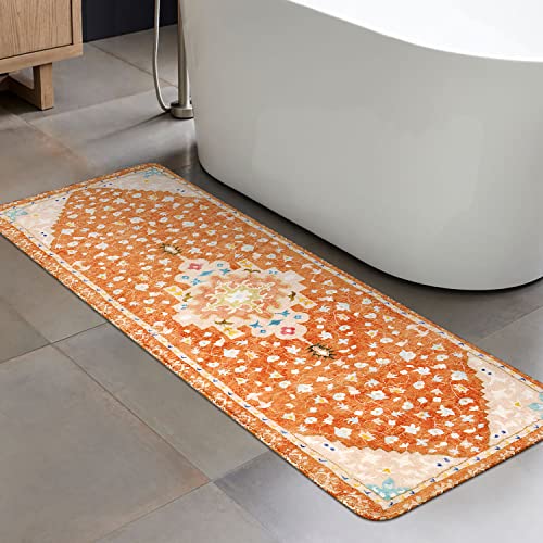 Uphome Long Boho Rug Orange Vintage Floral Bathroom Runner Rug Non-Slip Machine Washable Bath Mat Soft Velvet Oriental Traditional Aesthetic Accent Rug for Sink Shower Doormat Tub, 20x59 inch - color: Orange, size: 20x59 inch