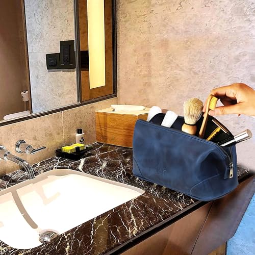 HLC Leather Toiletry Bag for Men - Best Gift for Men - Premium Genuine Leather Dopp Kit Shaving Kit Organizer Travel Kit Pouch Bag for Men - Large Size (blue) - color: blue