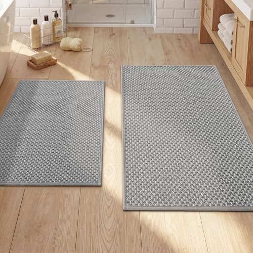 YIHOUSE Thin Bath Mat Grey Bathroom Rugs Sets 2 Pieces, Non Slip Absorbent Mats Quick Dry, Woven Rugs Washable, Tapetes para Baño for Bathroom Toliet,Bathtub(17"x24"+17"x32") - color: Light Grey, size: 2Pieces(17"x24"+17"x32")