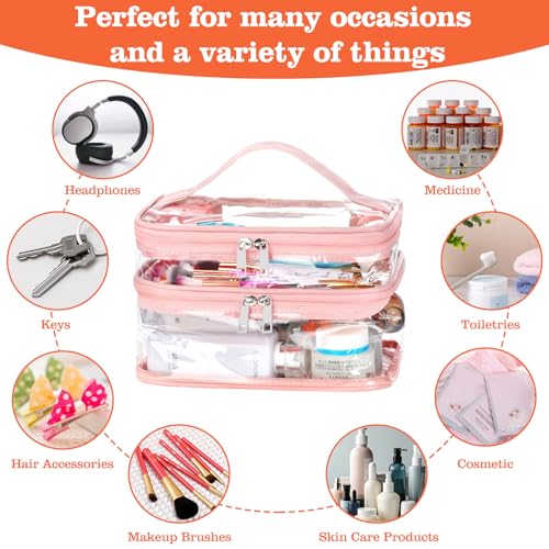 HAOGUAGUA Double Layer Clear Cosmetic Bag Makeup Bag, Waterproof Travel Toiletry Bag, Transparent PVC Pouch Organizer (Pink Large) - color: Pink Large
