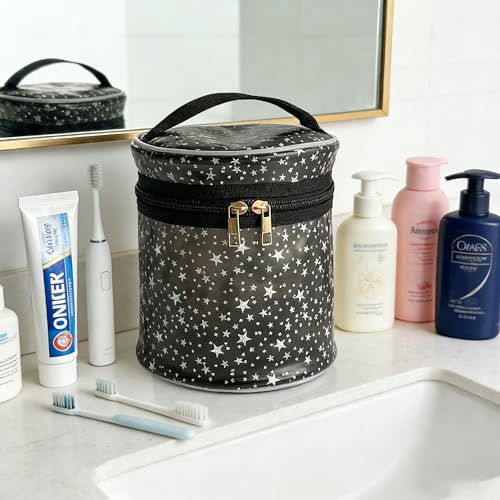 Waterproof Black Star PVC Makeup Bag - 7.1x6.3in Barrel Cosmetic Organizer with Zipper, Portable Toiletry Pouch for Women & Men (Black) - color: Black