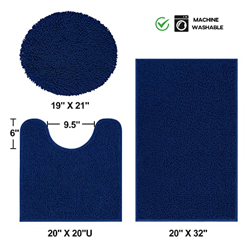 TREETONE Chenille Bath Mat 3 Pieces Bathroom Rugs Set, 20x20 Inches U-Shape Contoured Toilet Mat & 20x32Inches Rug & Lid Cover,Soft, Water Absorbent Plush Rugs for Tub Shower & Bath Room -Navy Blue - color: Navy Blue, size: Set of 3-Medium 20" x 30"/Conto