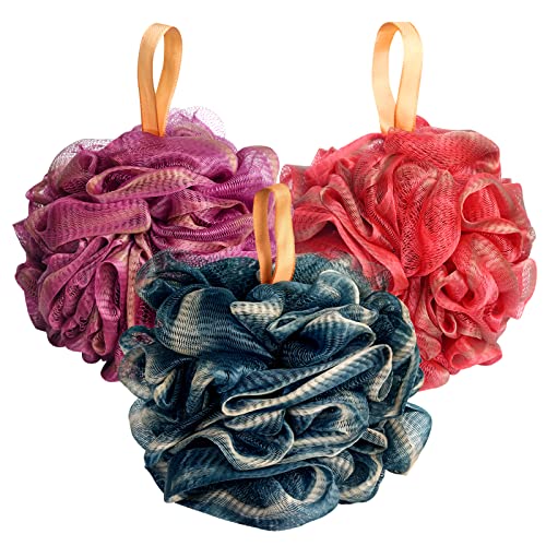 Fishent Shower Sponge Shower Loofah, Body Wash Loofah Sponge Body Scrubber, 3 Pack 60g Large Size Lofas for Shower, Cleaning Loofahs Sponge Body Sponges for All Skin Types - style: 60g-Blue-Reb-Purple