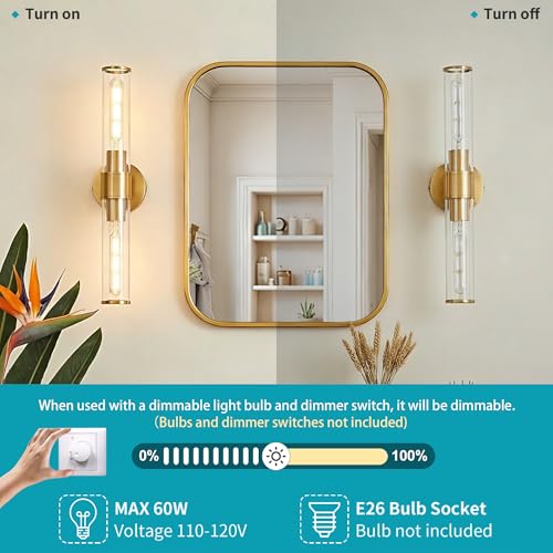Gold Wall Sconce 2 Pack Hardwired, Bathroom Light Fixtures Clear Glass Featuring Two E26 sockets, Vanity Lights Fixtures for Bathroom, Dimmable - Bulb Not Included, UL Certification - color: Gold Clear Glass-2Pack