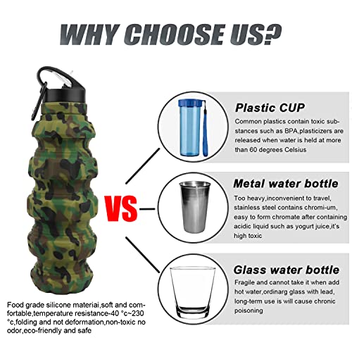 QiCheng&LYS Collapsible Water Bottle Sports Bottle 19.5OZ/580ml Travel Water Bottle for Men Women Kids. BPA Free Food Grade Silicone. (Army green camouflage) - color: Army green camouflage
