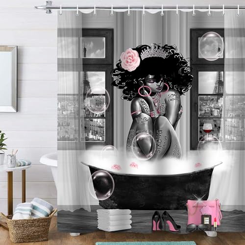 4Pcs African American Shower Curtain Sets with Rugs, Black Girl Shower Curtain for Bathroom Decor Sets with Paris Eiffel Tower Art Pattern, Grey Waterproof juego de baño, with 12 PCS Hooks - color: Grey