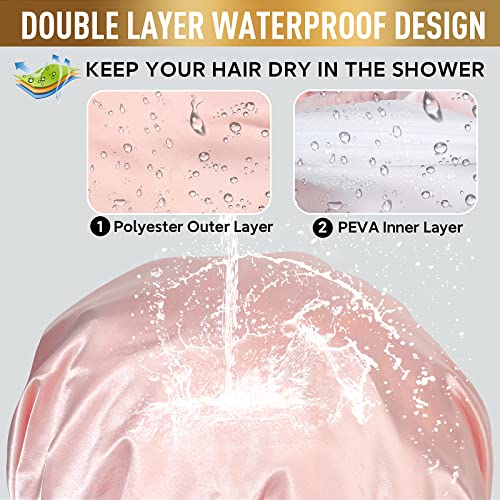 Shower Cap, Adjustable Shower Caps for Women, Extra Large Upgrade Double Waterproof Layers Hair Cap, Bath Caps Shower Hat Women Girls Adult Hair Protection Suitable for All Lengths and Thickness - color: Rose Gold, size: X-Large