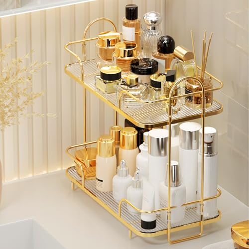2 Tier Corner Bathroom Counter Organizer, Cosmetic Skincare Organizer, Bathroom Countertop Perfume Tray Vanity Organizer, Kitchen Spice Corner Storage Shelf | Cosmetic Skincare Organizer - color: Gold