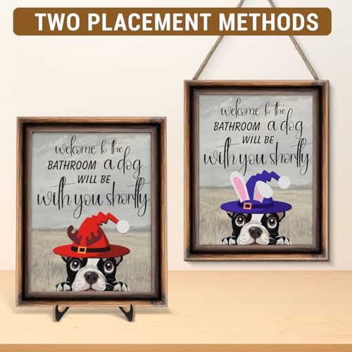 Funny Spring Dog Bathroom Decor - Interchangeable Seasonal Dogs Bathroom Hanging Wooden Sign for Restroom Shelves Toilet Tank Decoration (10 Pcs) - Welcome to the Bathroom - color: Dog welcome