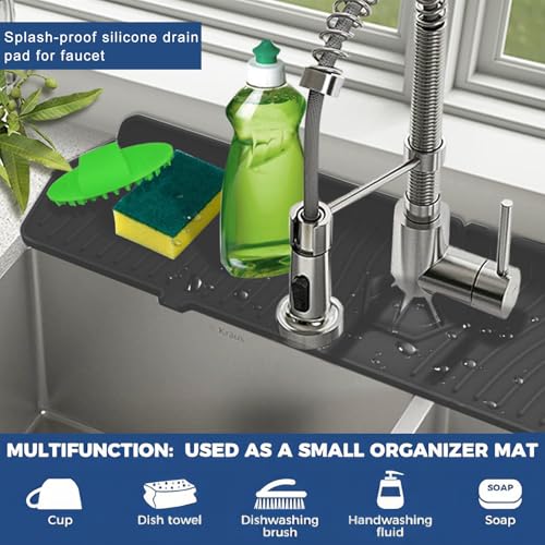 Silicone Long Sink Faucet Splash pad, Kitchen and Bathroom Universal countertop Protection pad. (Medium Black) - color: Medium Black