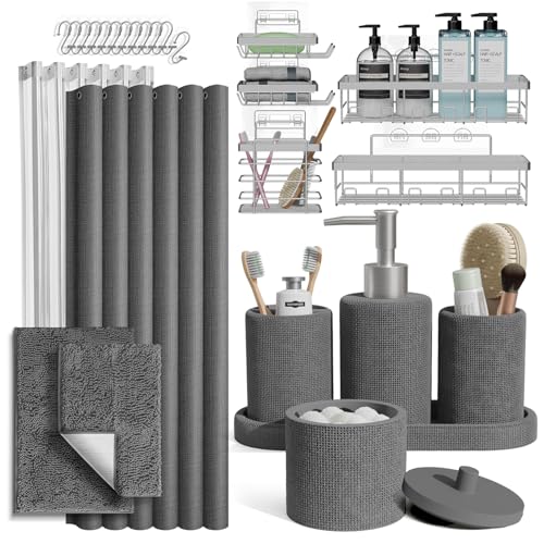 Clara Clark Grey Bathroom Set - Bathroom Sets with Shower Curtain and Rugs, 26PC Bathroom Accessory Set, Shower Curtain Set with Adhesive Corner Shower Caddy Hanging & Soap Dispenser - color: Grey, size: Complete Set + Bath Rugs + Shower Caddy