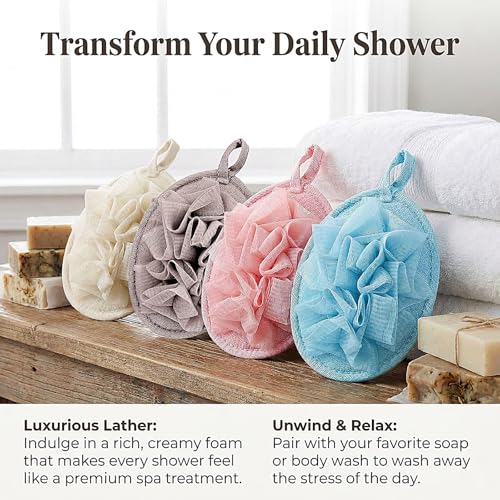 4 Pack Shower Loofah for Women, Washable Travel Loofah Set, Mesh Body Scrub Bath Pouf Sponge Pad