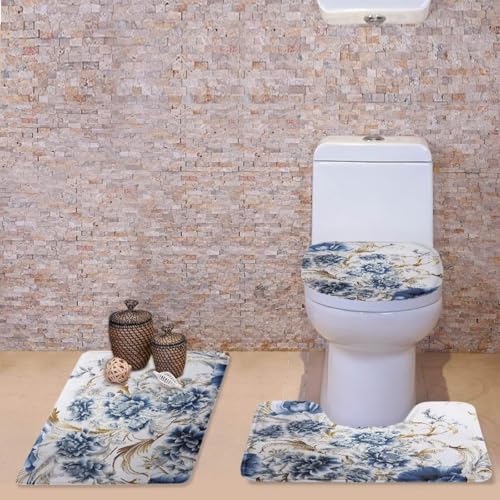 Blue Floral Bathroom Rug Set, Bath Rug +Bathroom Rug + Toilet Seat Cover, Super Soft Microfiber Water Absorbent & Non-Slip Bathroom Rugs with PVC Point Rubber Backing, Machine Washable - color: Blue Floral1