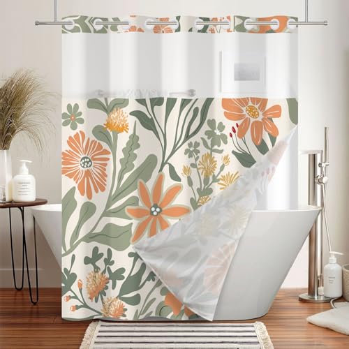 Floral No Hook Shower Curtain and Liner Set 71 x 74 Inch | Boho Sage Green and Orange Flower, Waterproof Bath Curtain for Modern and Matisse Bathroom, Hotel Decor, Breathable Mesh Top - color: Green and Orange