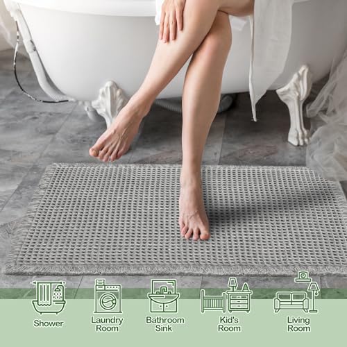 ZALL Grey Waffle Bath Mat,Super Absorbent Non Slip Bathroom Rug,Gray 17x24 inch,Machine Washable Ultra Soft Floor Mats - color: Grey, size: 17 x 24 inches(Rectangular)