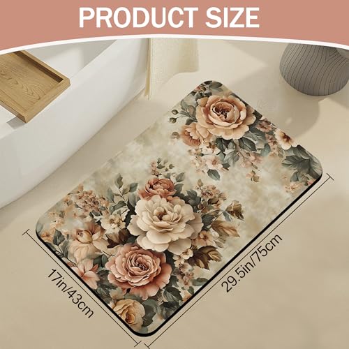 Vintage Rose Bath Mat, Retro Flowers Diatomaceous Earth Bath Mat,Rubber Backing Quick Dry Absorbent Washable Bathroom Rugs for Tub Non Slip 17"x29.5" - color: Vintage Rose,retro Flowers