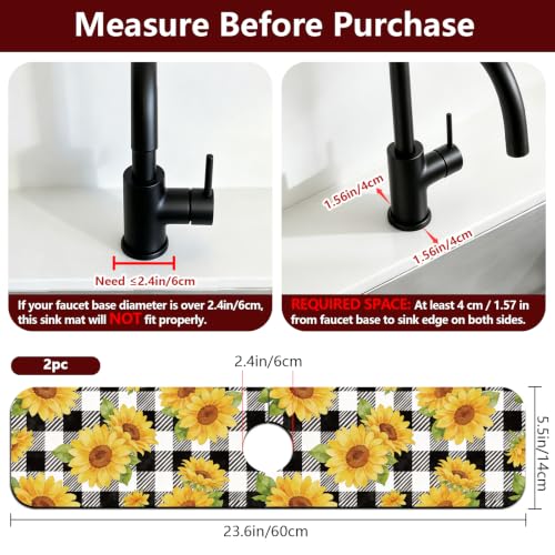 2 Pcs Kitchen Sink Splash Guard Faucet Mat Sunflower Plaid Pattern Faucet Mat for Sinks Plant Absorbing Drying Mats for Kitchen Bathroom, 23.6x5.5inch - color: Sunflower