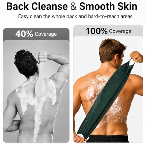 Yiclick Exfoliating Washcloth Towel with Handle, Back Scrubber for Shower, Exfoliating Body Scrubber Exfoliator, Japanese Wash Cloth for Body Scrub, Bath Sponge Loofah Luffa Washer Exfoliator - color: Darkgreen