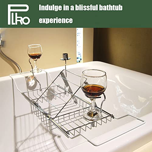Bathtub Tray,Stainless Steel Shower Bathtub Caddy Tray with Removable Book Holder Red Wine Rack Holder, for Home Kitchen Bathroom, Sliver