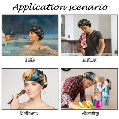 2 PCS Shower Cap Reusable Waterproof Adjustable Double Layer Elastic Dry Hair Bathing Caps Aesthetic Cute for Women Girls-Sun Moon Sunset - color: H-11-Sun Moon Sunset