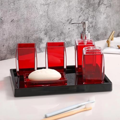 Bathroom Accessories Set,Soap Dispenser,Soap Dish,Toothbrush Holder, Tumbler, Acrylic Bathroom Accessories Set Complete, Modern Bathroom Décor, Gift for Home (RED-4PCS) - color: Red-4pcs
