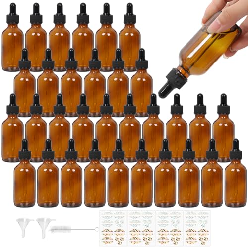 STARSIDE 24-Pack 2oz Amber Glass Dropper Bottles for Essential Oils | 60ml Glass Bottles with Glass Droppers for Lab Chemicals, Perfumes, Sample. Includes 1 Brush, 2 Funnels and 24 Labels - color: 2oz-Amber-24pcs