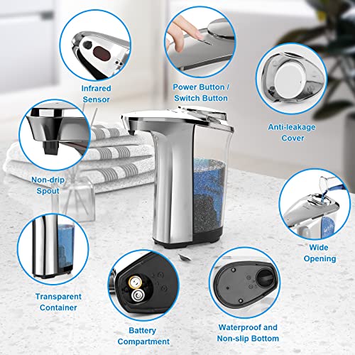PZOTRUF Automatic Soap Dispenser, Touchless Dish Soap Dispenser 17oz/500ml with Upgraded Infrared Sensor, 5 Adjustable Soap Dispensing Levels, Liquid Hand Dispenser for Bathroom (Silver Set) - color: Silver Set
