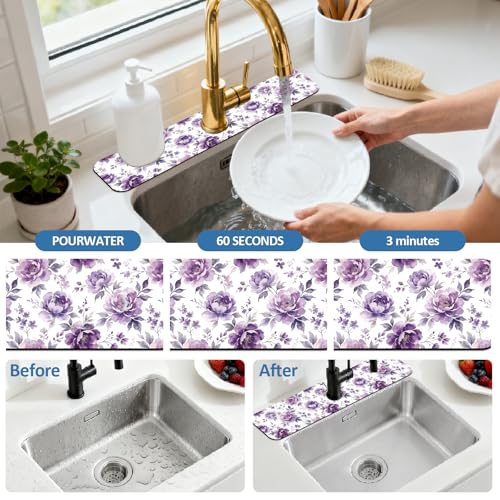 2 Pcs Kitchen Sink Splash Guard Faucet Mat Purple Flowers Faucet Mat for Sinks Dreamlike Blooms Absorbing Drying Mats for Kitchen Bathroom, 23.6x5.5inch - color: Purple Flowers