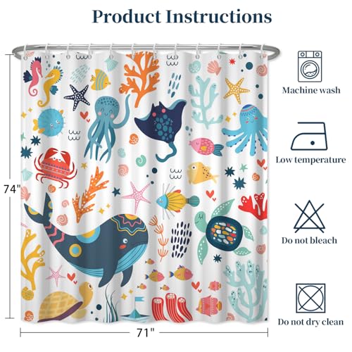 Fabric Shower Curtain with Hooks, Waterproof & Washable Polyester, Kids Funny Cute Ocean Whale Fish Shower Curtains for Bathroom, Summer Neutral Cartoon Animal Bathroom Curtain, 71x74 Inch - color: Cute Ocean Friends