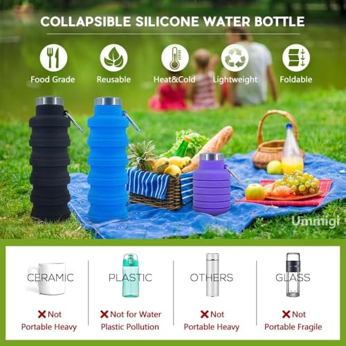 Collapsible Water Bottles，17oz Large capacity Silicone Water Bottle with Carabiner，Reusable Foldable Lightweight Sports Water Bottle for Travel Gym Camping Hiking (Black+Purple+Blue+Green) - color: Black+Purple+Blue+Green