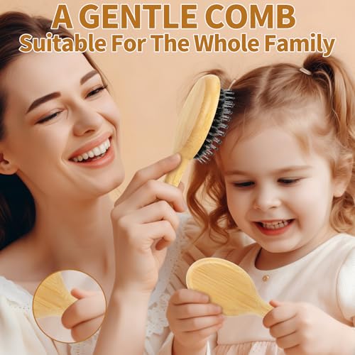 Mini Bamboo Hair Brush 2-Pack, Boar Bristle & Single Pins Massage Detangler, Small Travel Size for Thick/Curly Hair, Anti-Static Pocket Brush for Women Men Kids Gift