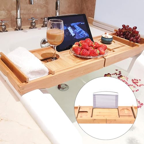 Bath Caddy Tray Bamboo Bathtub Tray Caddy Expandable with Wine Glass Holder and Book Stand