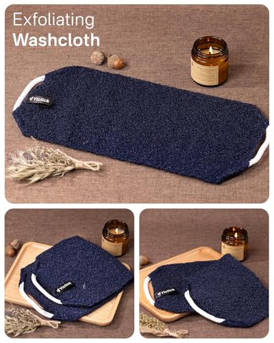 Yiclick Exfoliating Washcloth Towel with Handle, Back Scrubber for Shower, Exfoliating Body Scrubber Exfoliator, Japanese Wash Cloth for Body Scrub, Bath Sponge Loofah Luffa Washer Exfoliator - color: Blue