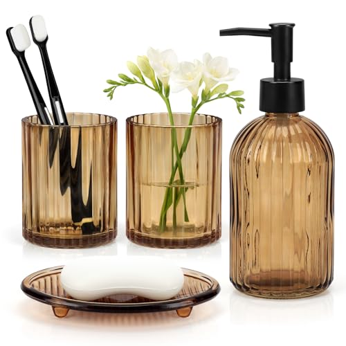 Topsky 4 Pcs Glass Bathroom Accessories Set,13.5oz Liquid Hand Soap Dispenser with Toothbrush Holder,Mouthwash Cup,Soap Dish for Bathroom Countertop,Colored Vertical Stripe Design,Heavy Weight,Amber