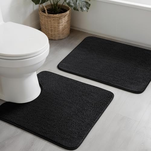 YIHOUSE Memory Foam Bathroom Rugs Sets 2 Piece - Extra Thick Soft Towel-Like Absorbent Bath Mat Set, Non Slip Machine Washable Bath Rugs Carpet for Bath, Tub and Shower (24"x17"+24"x20"U, Black) - color: Black, size: 1'5" x 2' (17"x24"+20"x24"U)