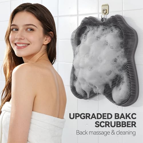 ozner Silicone Shower Foot Scrubber Mat, Back Washer Bath Wash Pad Exfoliating & Massage, Wall Mounted Slip Strong Suction Cups for Use in Cleaner Men and Women (Grey) - color: Grey