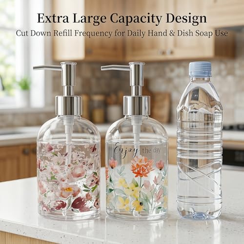 Topadorn Glass Soap Dispenser Set of 2, 17oz Refillable Hand & Dish Soap Dispensers with Pump, Floral Kitchen Soap Bottles with Enjoy the Day Design for Bathroom Counter - color: Soft Pink Flower