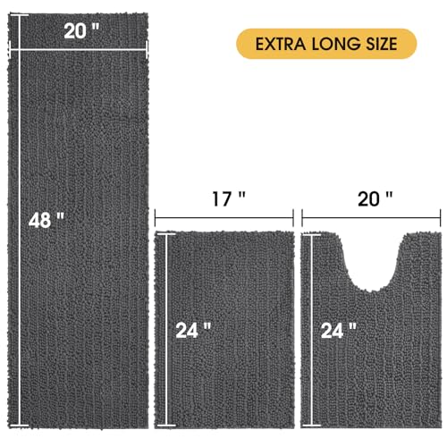 ACCUMTEK Upgrade Extra Large Grey Bathroom Rug Set 3 Pieces Gray Ultra Soft, Thick Absorbent Bath Mats, Non Slip Chenille Toilet Mat for Bathroom, Bedroom, Kitchen, Charcoal - color: Dark Gray, size: 48"x20"+24"x17"+U Shape24"x20"