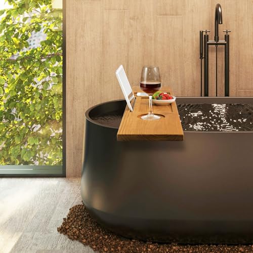 VaeFae Teak Bathtub Tray Table, Wooden Bath Board for Tub with Wine and iPad Holder - size: 34.3" x 7.8" x 0.8"