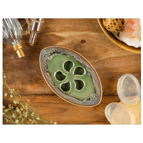 Ceramic Soap Dish with Self Draining Tray for Bar Soap, Bathroom, Kitchen (Green No.3) - color: Green No.3