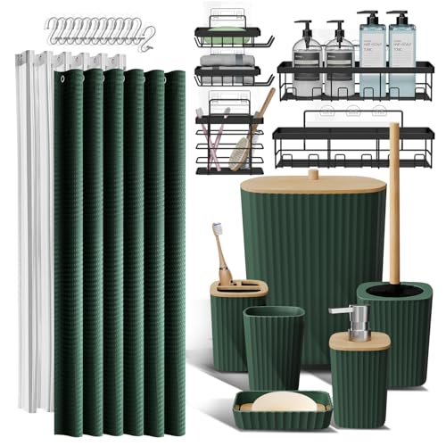 Clara Clark Bathroom Accessories Set - Bathroom Set with Adhesive Corner Shower Caddy Hanging, 25PC Bathroom Accessory Set, Hunter Green Shower Curtain Set, Toilet Brush, Trash Can & Soap Dispenser - color: Hunter Green, size: Complete Set + Shower Caddy
